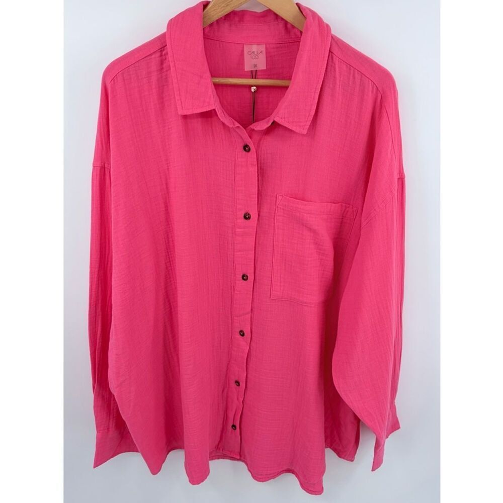 Calia oversized long sleeve button down pink heat swim coverup women’s 1X NWT